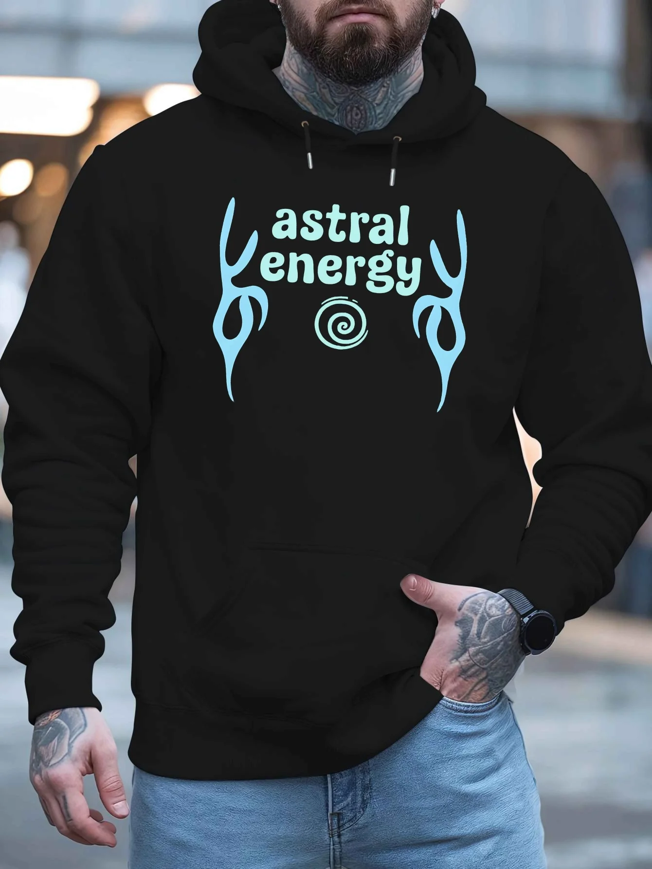 Men Spiritual Astral Energy Hoodie Deer Antler Print Oversized Streetwear Pullover Cosmic Mystic Fashion Hooded Sweatshirt