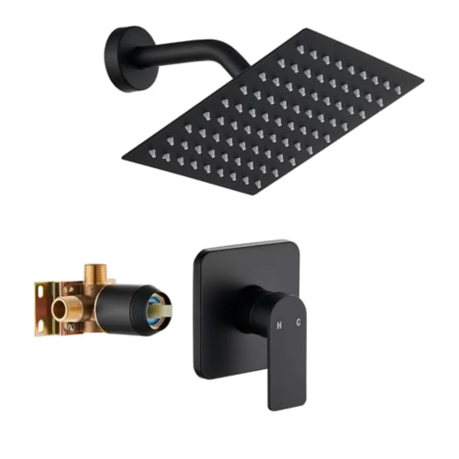 

Black Shower Faucet Single Function Trim Kit with Rough-in Valve Set Bath Rainfall Shower System 8inch Square Stainless Steel M