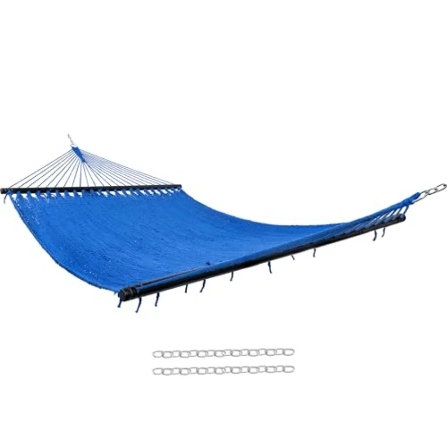 Outdoor double rope hammock for backyard, camping, or patio use; soft-spun polyester in blue; 600 lb capacity, 75 x 55 bed, woo