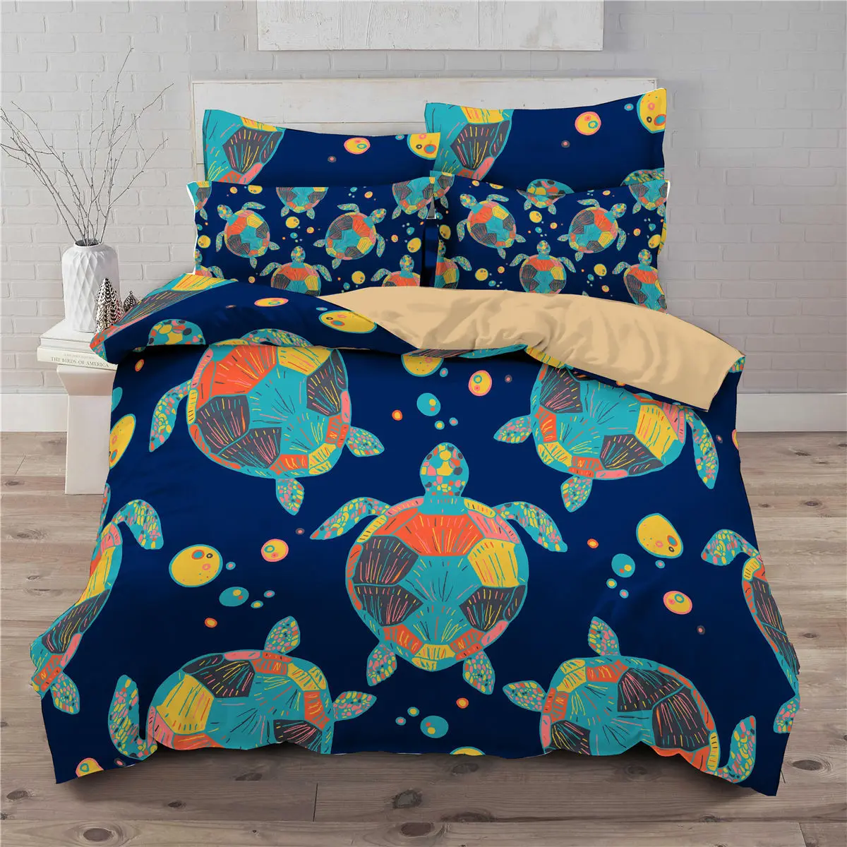 Sea Turtle Duvet Cover Queen Size Boy Beach Turtle Comforter Cover Polyester 2/3pcs Teal Aqua Blue Abstract Tortoise Bedding Set