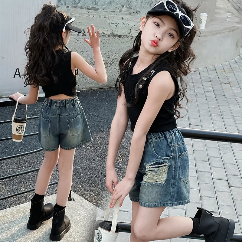Kids Broken Denim Shorts for Teenage Girls Loose Summer High Fashion Streetwear Bottoms Children Ripped Jeans Shorts