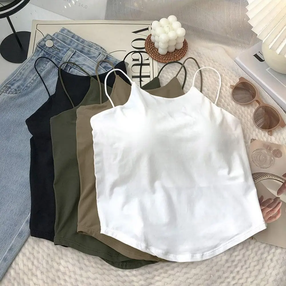 Women Vest Camisole Shoulder Backless Sleeveless Solid Color Spaghetti Strap Soft Thin Padded Lady Summer Crop Top