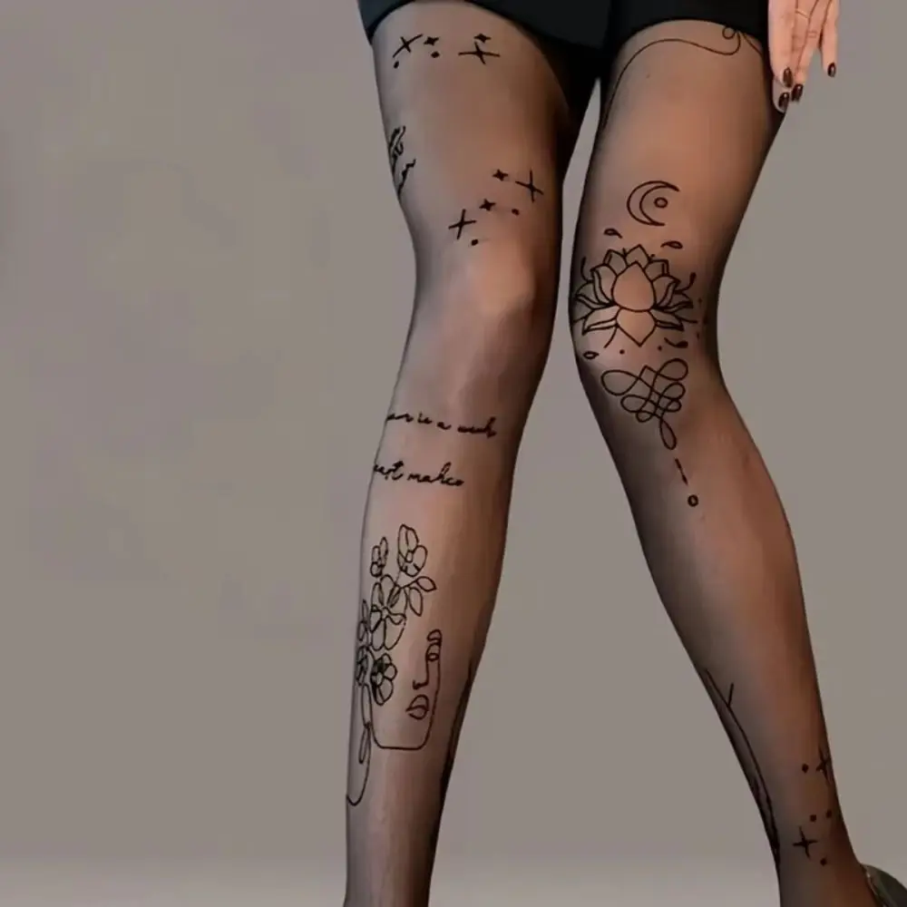 Sexy Flower Letter Tattoos Pantyhose Sheer Breathable Silk Stockings High-waisted Elastic Long Socks Daily Wear