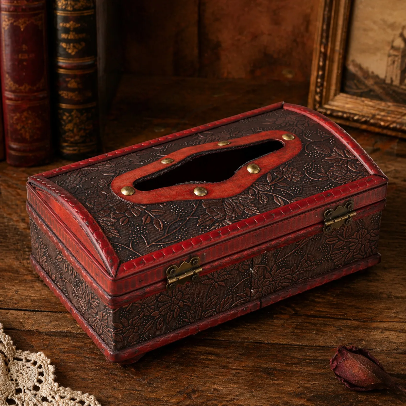 Vintage Elegant Wooden Tissue Box Retro Floral Embossed Leather Paper Holder for Home Decor Tissue Box Holder