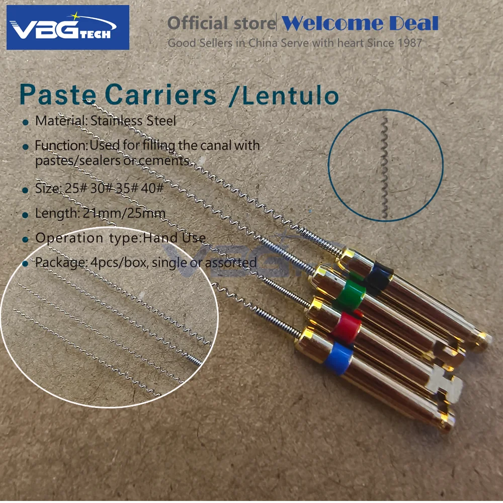 4pcs/Box 21/25mm 25#-40# Dental Rotary Paste Carriers Spiral Filler Lentulo Assorted Engine Filling Paste Dentistry Tool Box