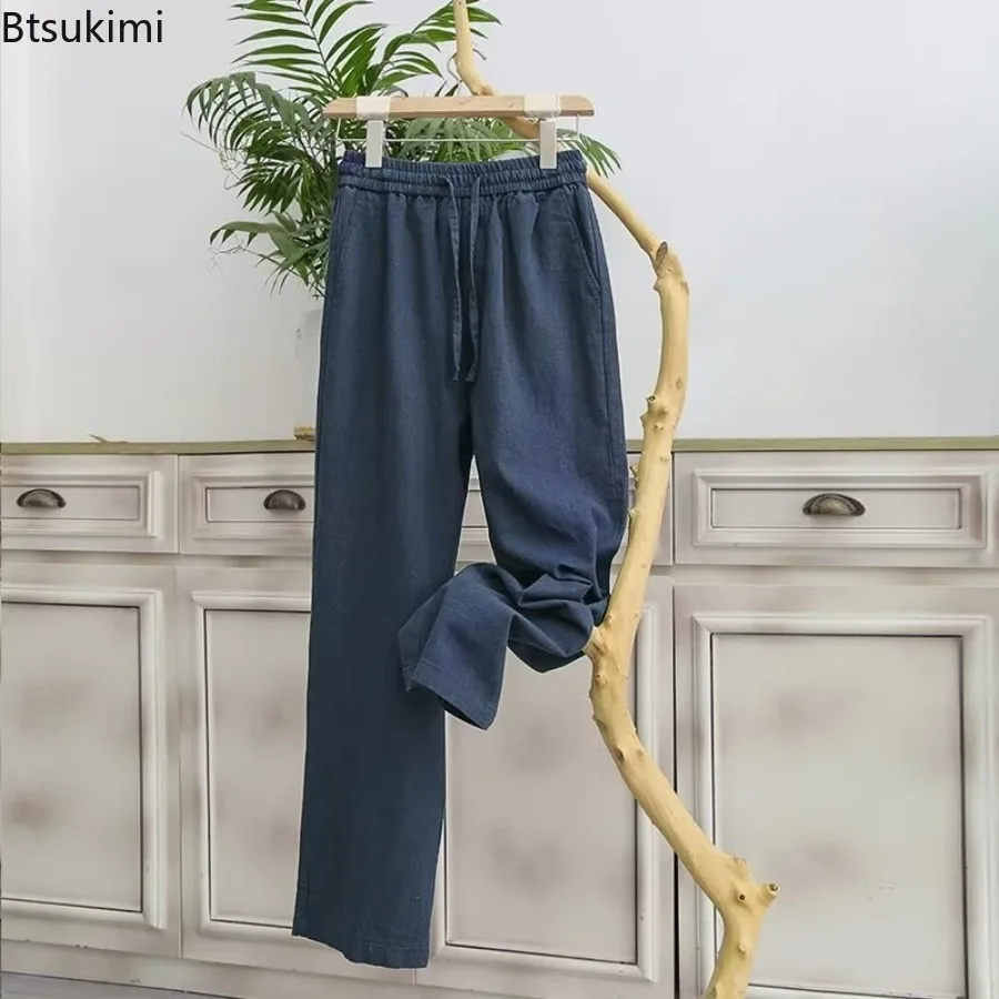 2025 Summer White Men's Cotton Linen Pants Male Autumn New Breathable Solid Color Linen Trousers Loose Streetwear Baggy Pants