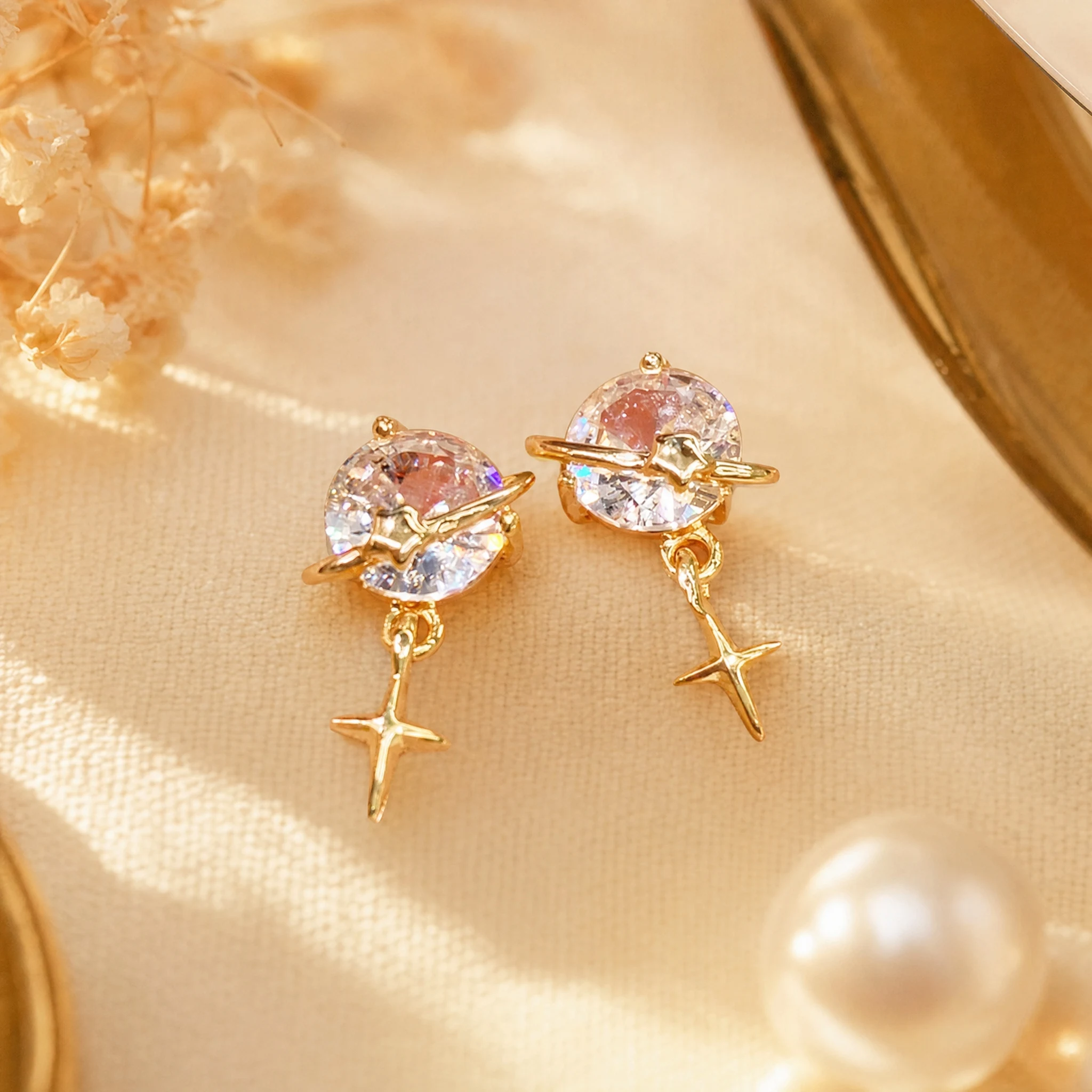 1 Pair Planet Star Dangle Stud Earrings Women Gold Plated Copper Zircon Inlay