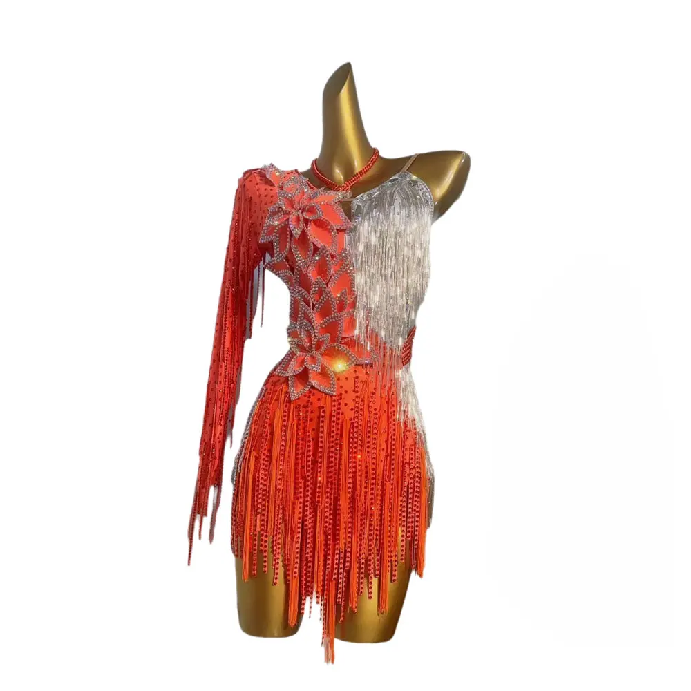 라틴 댄스 무대 여성용 고급 맞춤형 슈퍼 플래시 로터스 디자인 삼바 라인스톤 공연 의상 드레스