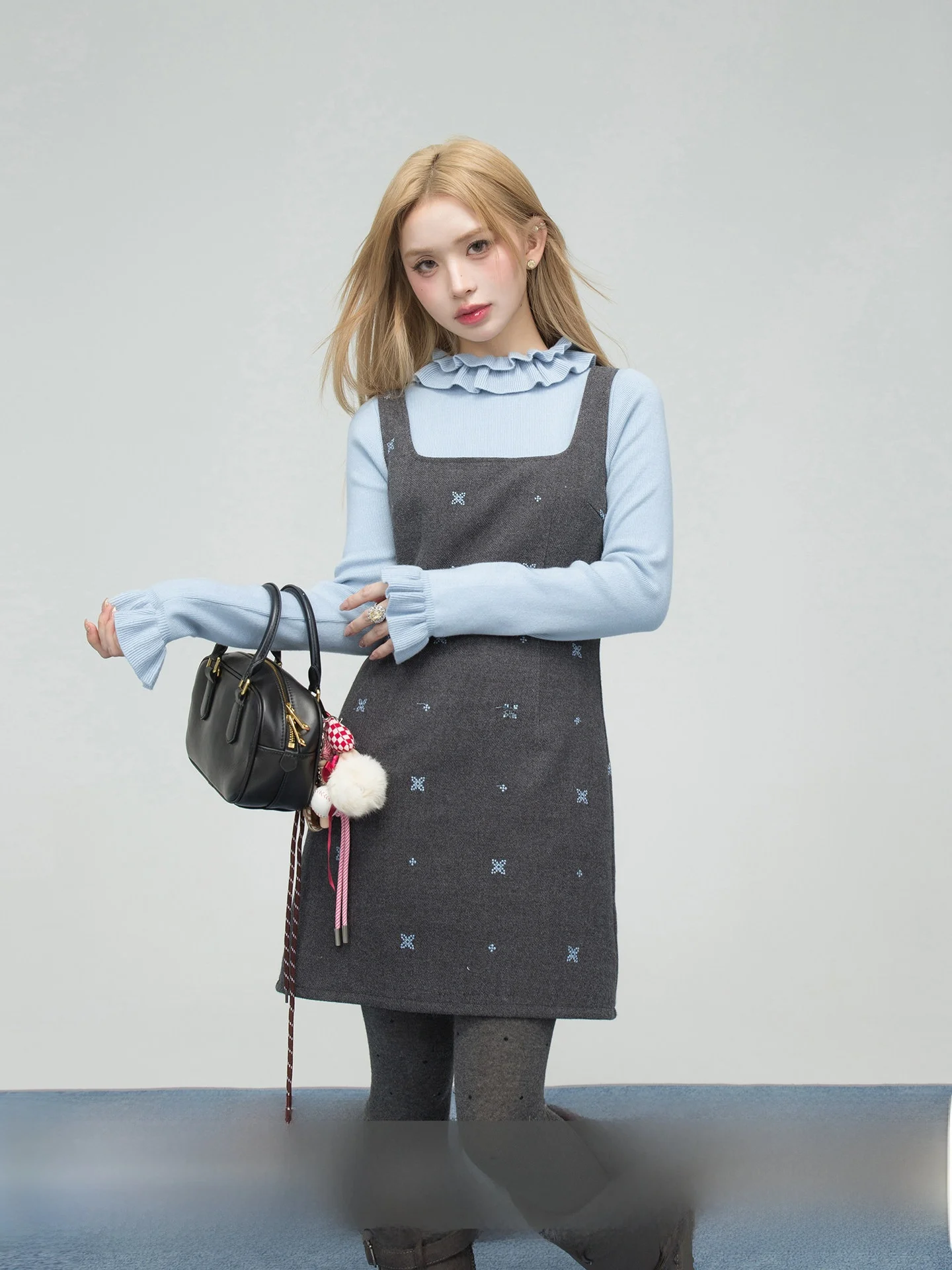 

Комплект Sweet Oneofuuu Dr And Base: синий наряд для подружки невесты с цветочной вышивкой, приталенный крой, модный женский ансамбль