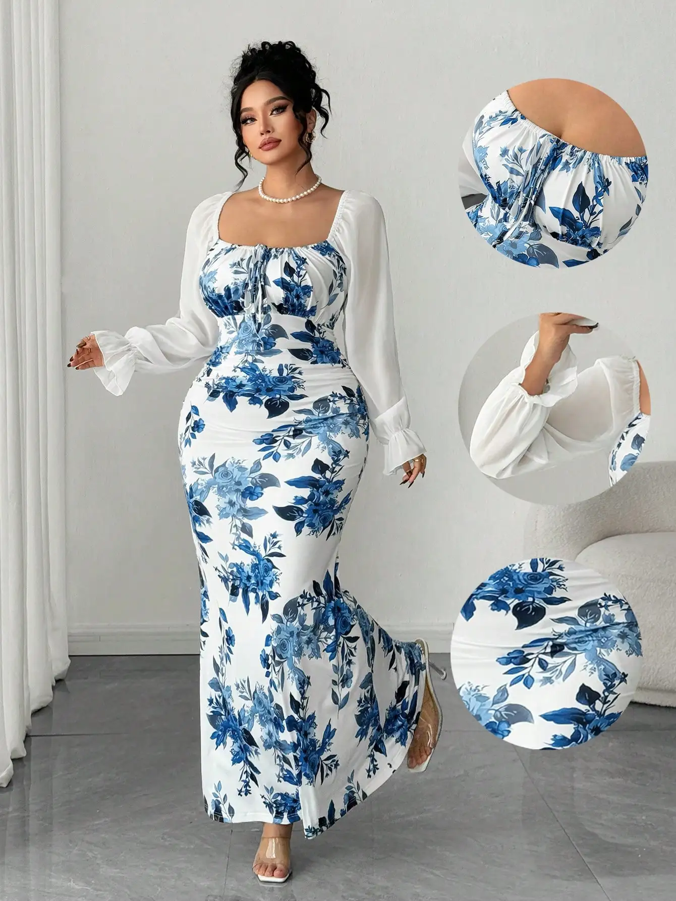 

Синее платье макси с цветочным принтом, квадратным вырезом, длинными рукавами и рюшами по низу