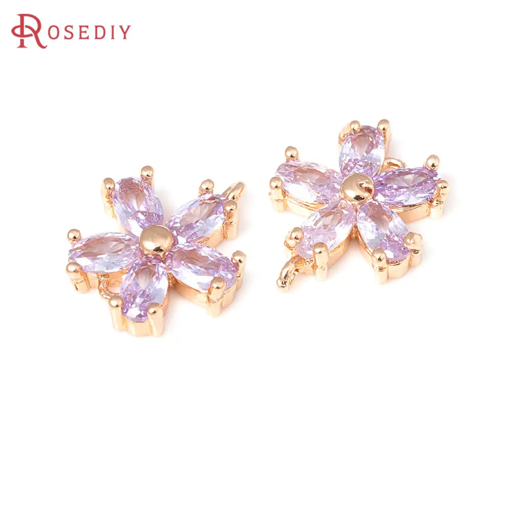 6PCS 18K Gold Color Brass and Zircon 2 Holes Flower Connect Charms Pendants Diy Jewelry Making Earrings Accessories for Women