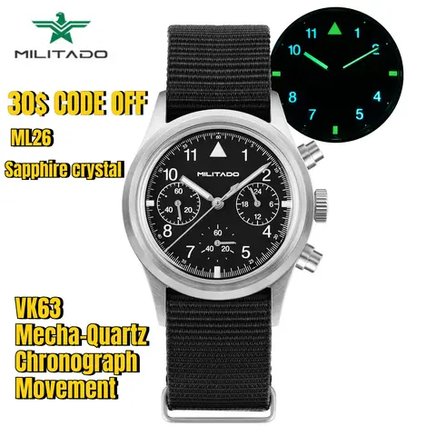 Militado ML26 Chronograph Watch VK63 Quartz 36.5mm 100M Waterproof Screw Down Crown Luminous Military Sports Watch for Men
