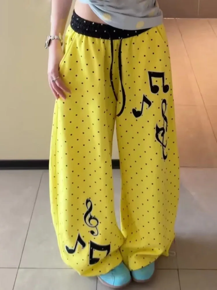 Women Trousers Vintage Y2k Musical Note Print Polka Dot Wide Leg Long Pants Harajuku Aesthetic Loose Casual Streetwear