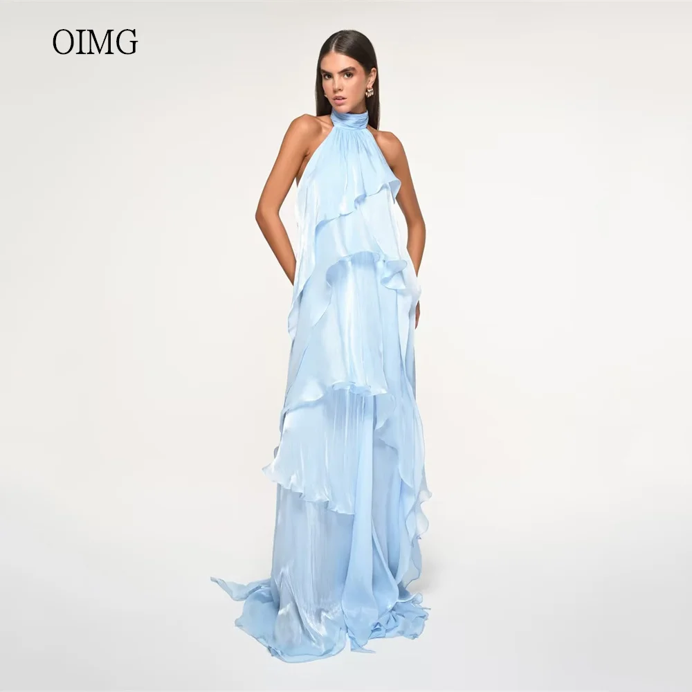 OIMG Dreamy Sky Blue Halter A Line Prom Gowns Backless Multi-layer Party Gown Floor Length Evening Dress платье Customized