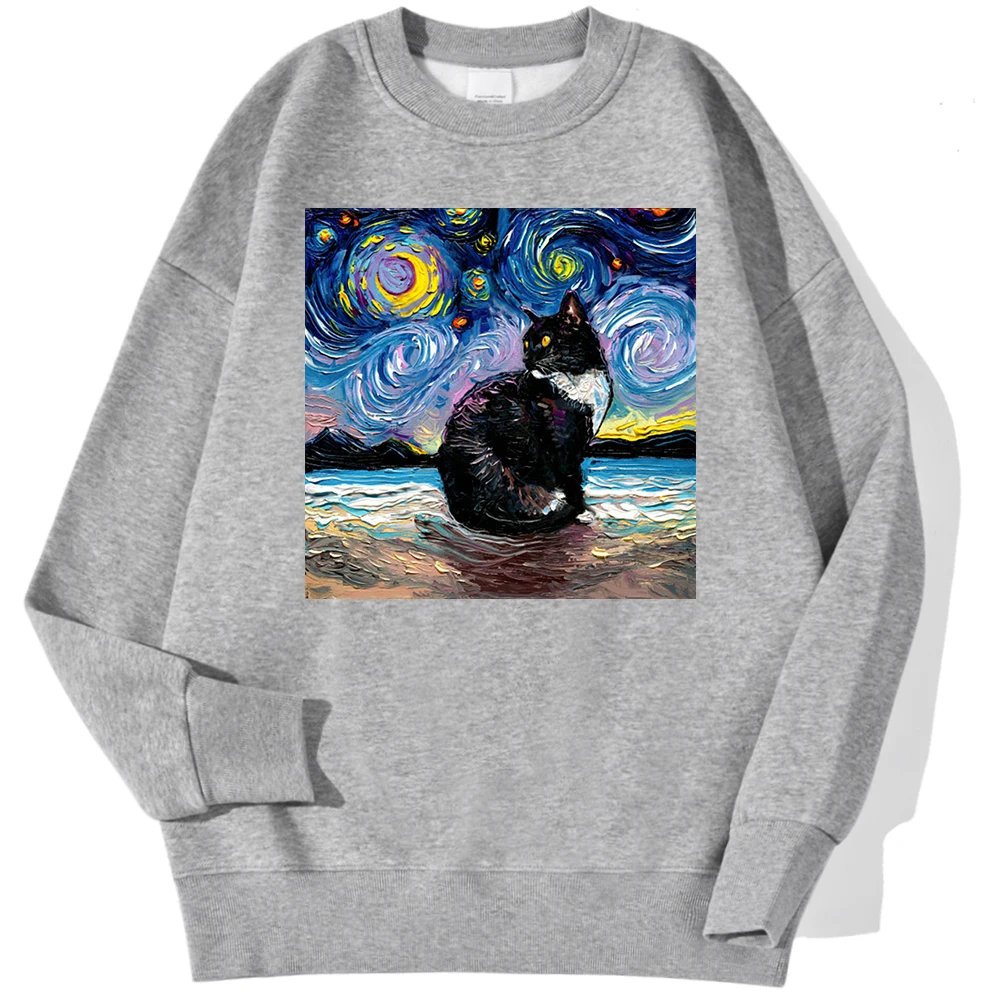 Cat Starry Sky Universe Prints Male Sweatshirt Fashion Loose Autumn Hoodies Soft Fleece Casual Pullovers Simple O-Neck Clothes