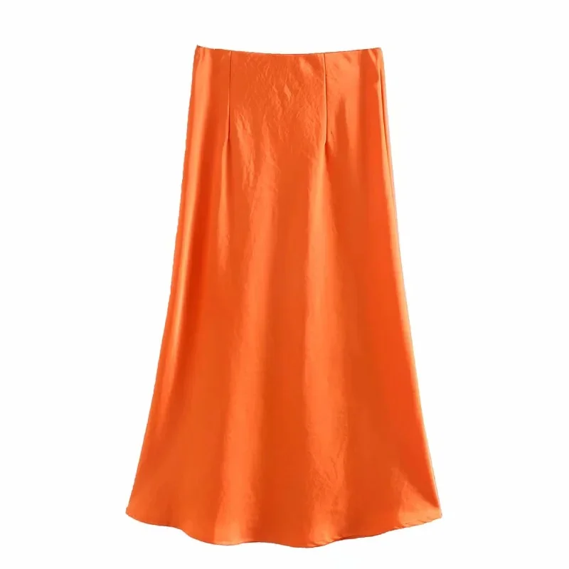 BANAins High Waist Long Split Satin Feel Skirt Women's Fashion Street Style Pure Color A-Line Midi Skirt with Zipper