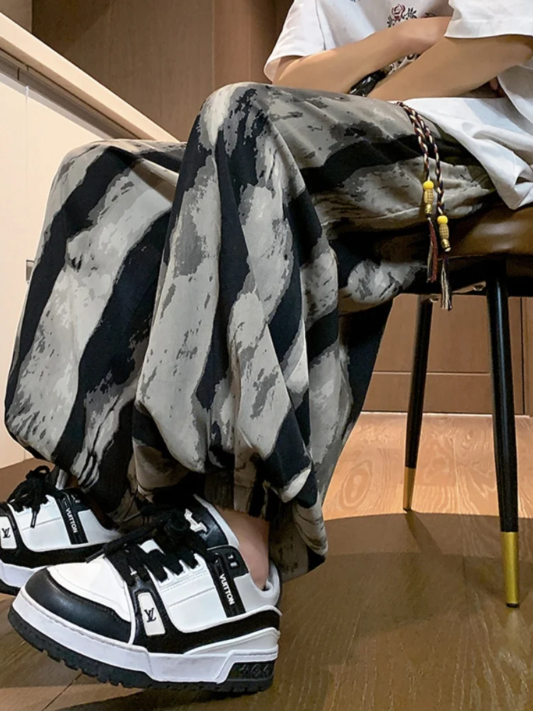 

New Chinese Style Water-Mark Printed Ice-Silk Men's Summer Thin Nine-Piece Baggy Lantern Pants Loose Fit Casual Trousers