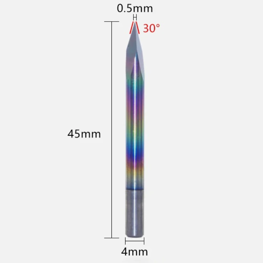 10PCS 3-Flute Triangular Engraving Bits 0.5mm Tip 30° Flat Bottom CNC Engraving 4mm Shank Tungsten Carbide TA-C Colorful Coating