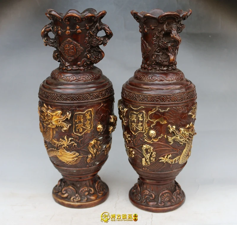 Antique bronze pure copper vase, a pair of copper gilt relief, auspicious dragon vase craftsmanship boutique opening gift