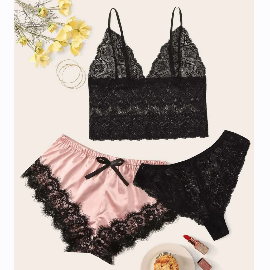 European and American popular sexy lace suspenders and lace shorts lace panties sexy home pajamas three-piece set