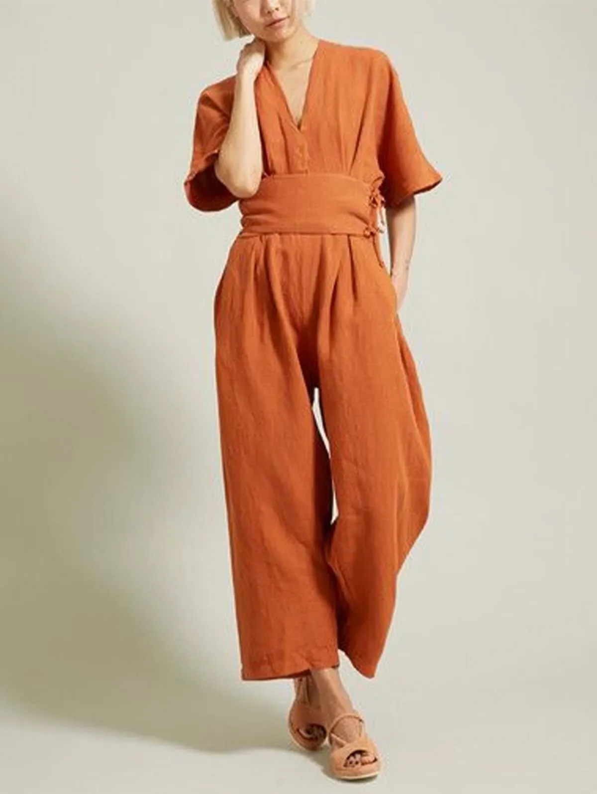 Cotton Linen Short Sleeve Women Jumpsuit Summer Causal Solid V-Neck Belt Straight Leg Jumpsuits Versatile Loose Bodysuit