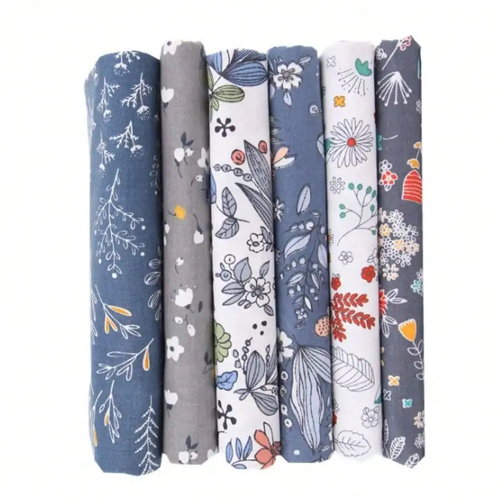 6pcs Gray Flower Grass Leaf Cloth Set, Dark Blue Plaid, Striped Cloth Set, Handmade Bag DIY All Cotton Fabric