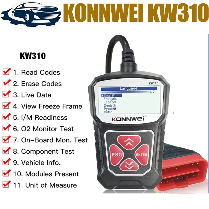 KONNWEI KW310 OBD2 Scanner for Auto OBD 2 Car Scanner Diagnostic Tool Automotive Scanner Car Tools Russian Language PK Elm327