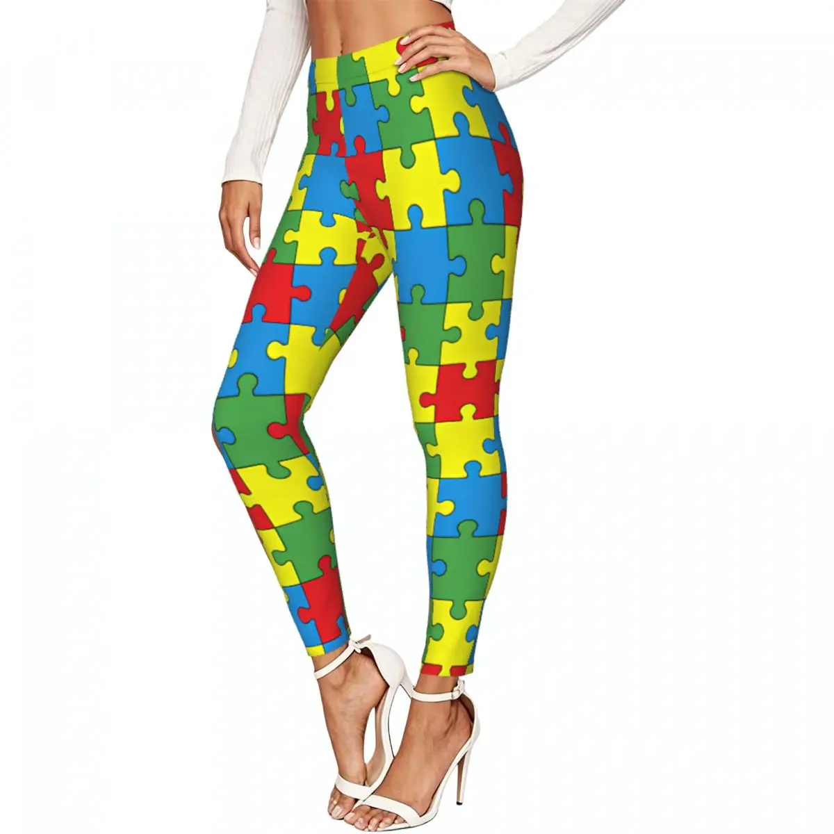 Women Full Length Elastic Leggings High Waist Tight Pants Pieces Of Puzzle Casual Bottoms