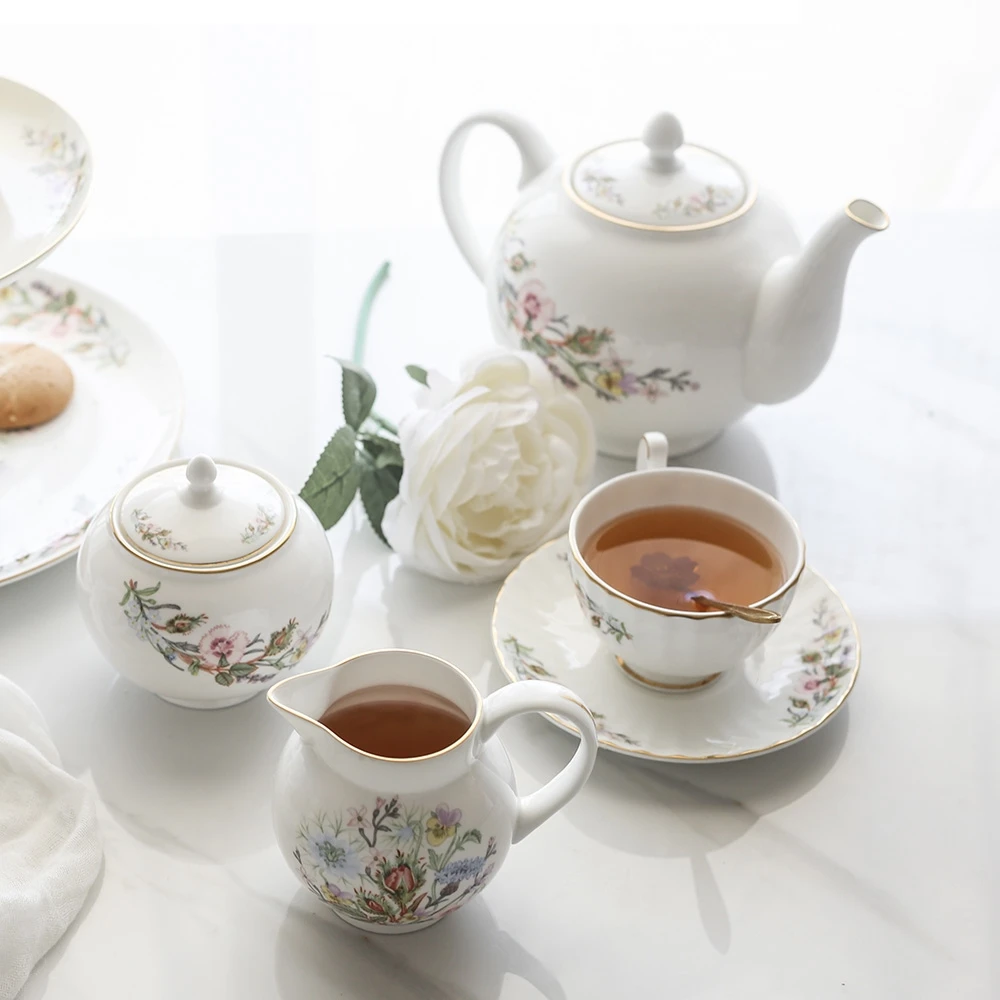 European-style high-end teapot set living room double-layer fruit plate coffee mugs cup saucer sugar jar bone china milk