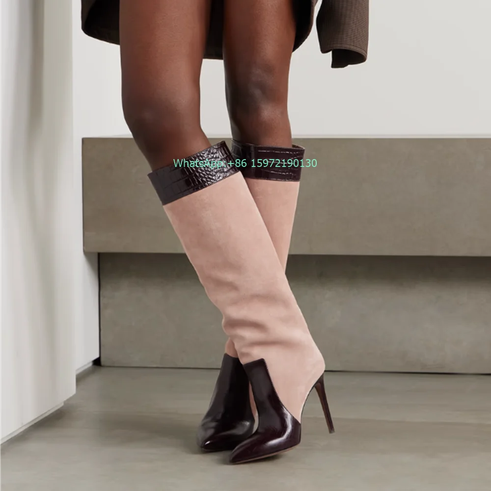 

Leather-Trimmed Suede Knee-High Boots Pointy Toe Thin Heels Slip On Mixed Color Boots Crocodile Pattern Women's Luxury Boots