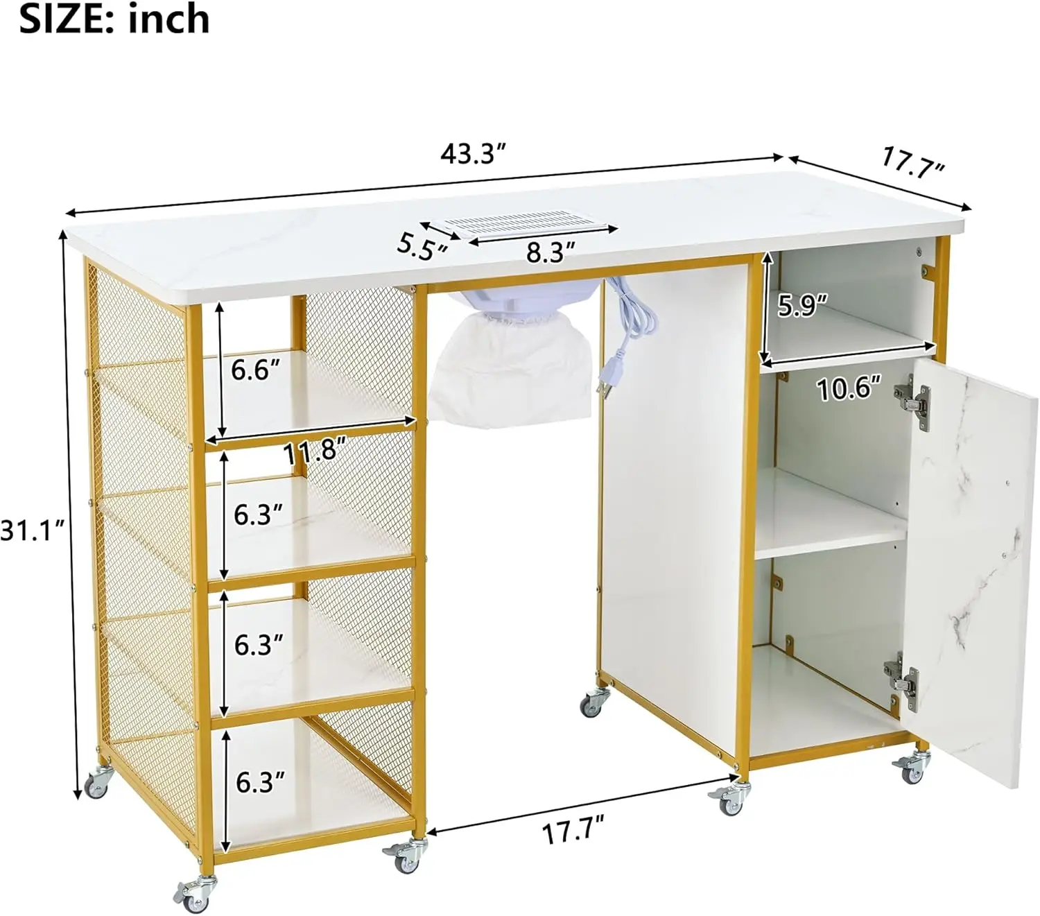 yoptote Manicure Table with Marbling Texture Tabletop, Electric Downdraft Vent and Wrist Cushion, Nail Desk w/Lockable Wheels, 4