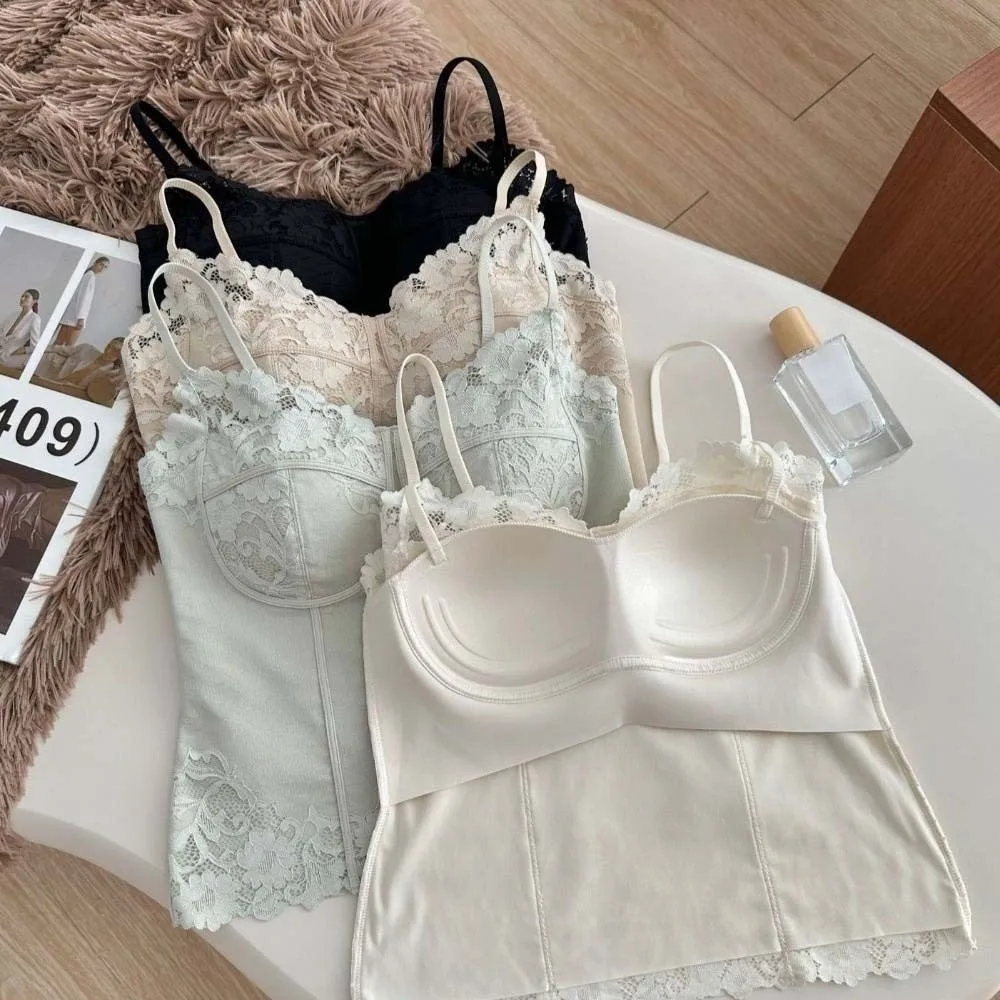 Tank Top French Style Lace Camisole Slim Fit Sleeveless Crop Tops Fishbone Flower Lace Corset Ladies