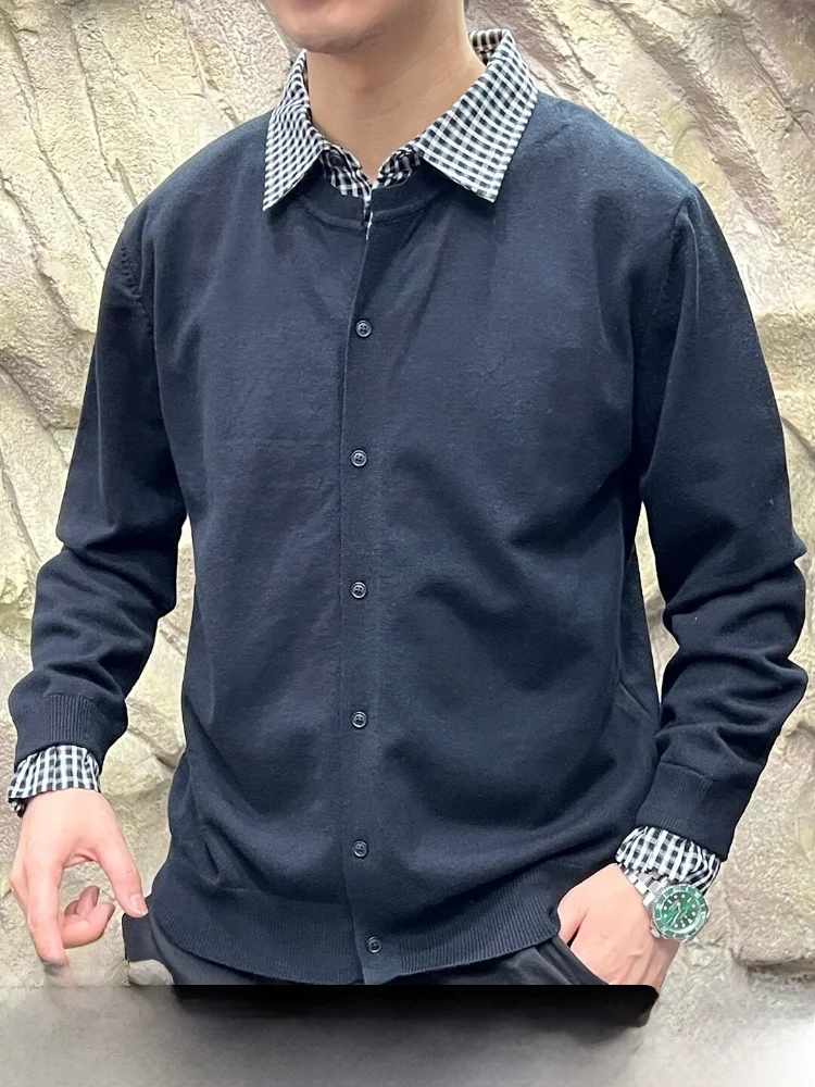 

Мужской трикотажный свитер с воротником в клетку, имитация двухслойности, свободный крой, универсальный, для делового и повседневного стиля, с длинным рукавом, дышащий