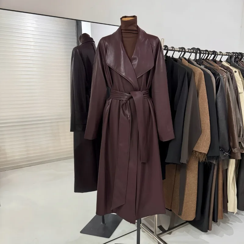 Women's Long Leather Trench Coat Lapel Belt Soft PU Leather Overcoat Outerwear Women's Fitted Waist Knee-Length Trench Coat