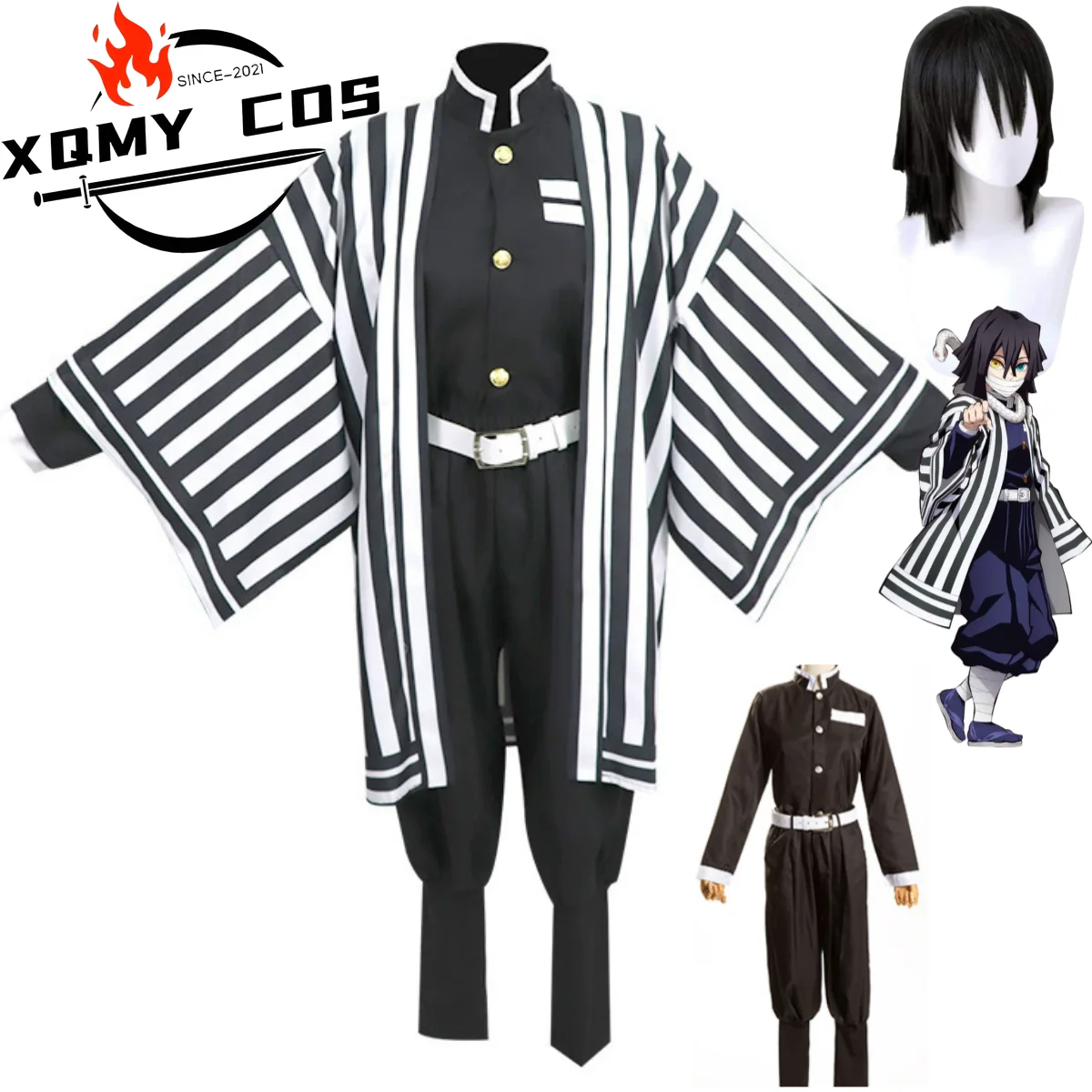 

XQAnime Iguro Obanai Cosplay Costume Hashira Member Stripe Shawl Coat Black Fight Uniform Wig Man Woman Christmas Party Suit