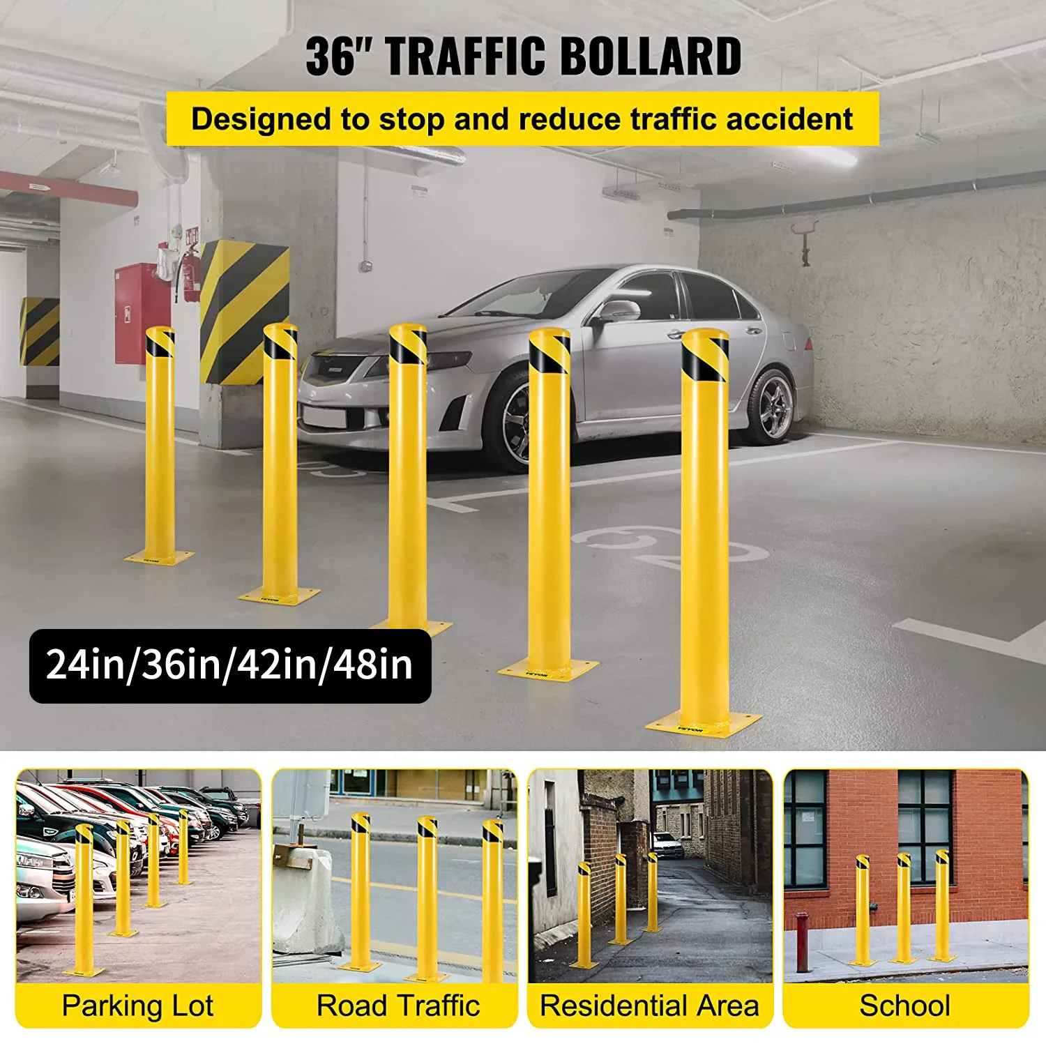 XZL Anti-Collision Safety Bollard Post Yellow High Visibility Metal Parking Barrier for Garage  Driveway Traffic Control