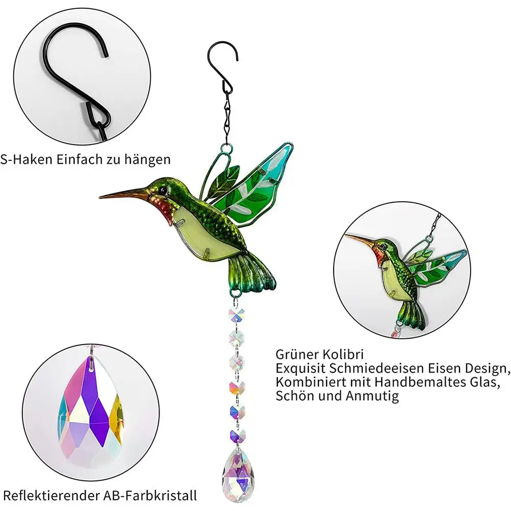 Crystal Wind Hummingbird Sun Catcher with Clear Ball Prism, Hanging Crystal Ornaments for Home Garden Office Decoration
