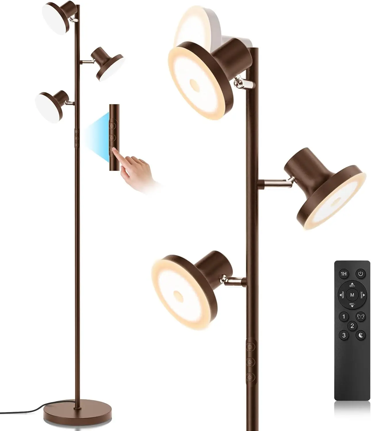 36W LED Tree Floor Lamp, Modern Dimmable Standing Lamp with Remote & Touch Control, 4 Color Temperatures, 3 Rotatable LED