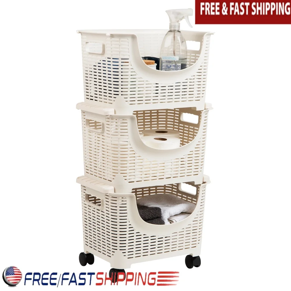 3-Tier Rolling Laundry Cart Plastic Organizer Kitchen Laundry Toys Crafts Easy Mobility Detachable Baskets Durable Versatile