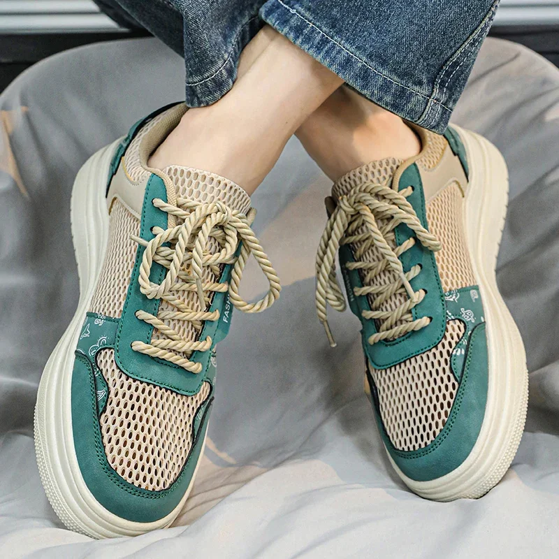

Spring and Summer Hollowed-out Mesh Breathable Flat, Low-top, Round-toed Men's Large-sized Lace-up Casual Sports Sneakers