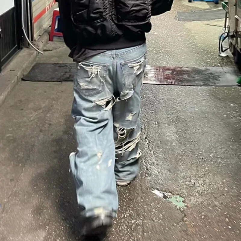 HKSH Spring Autumn New Man Punk Tide Original Design Jeans Double Layered Tassels Straight Denim Pants Baggy Holes Retro HK5655