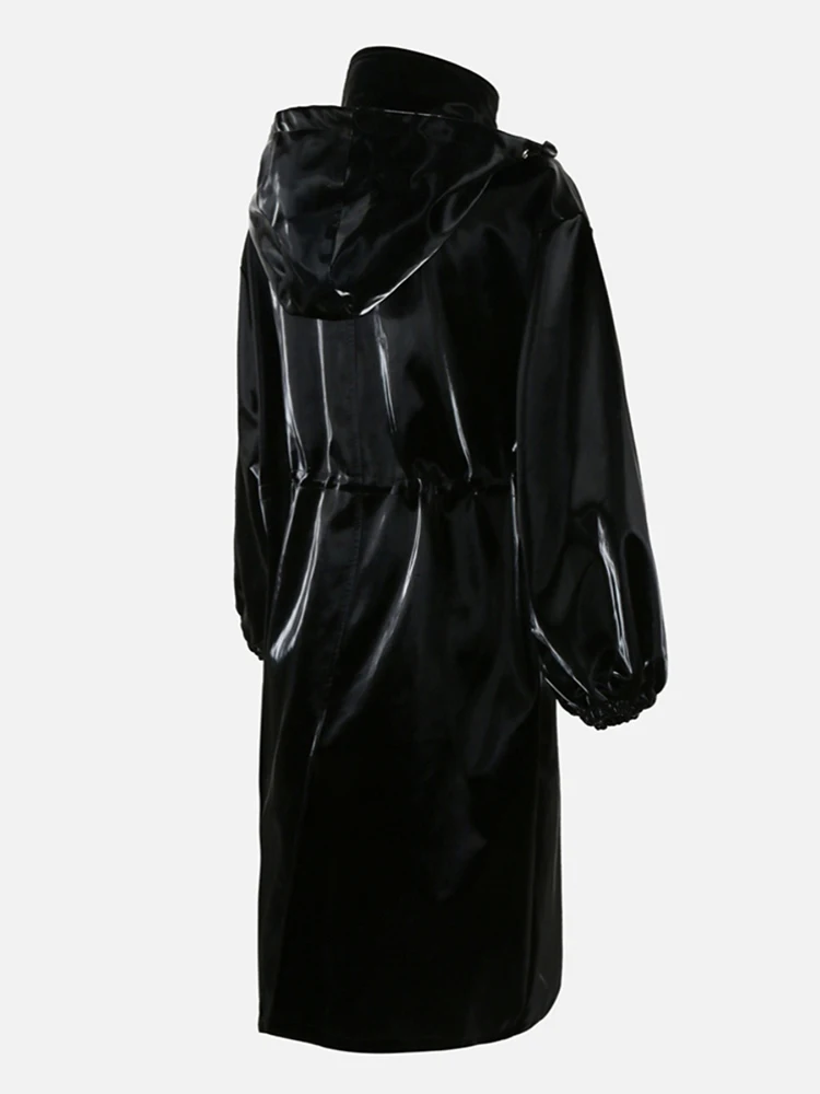 Mauroicardi Spring Black Long Waterproof Shiny Reflective PVC Faux Leather Coat for Women with Detachable Hood Y2K Streetwear