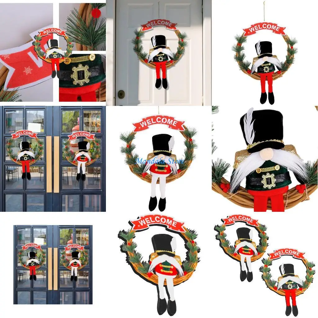

U2JC Christmas Soldier Wreath Front Door Decors Natural Rattan Handmade Holiday Welcome Sign