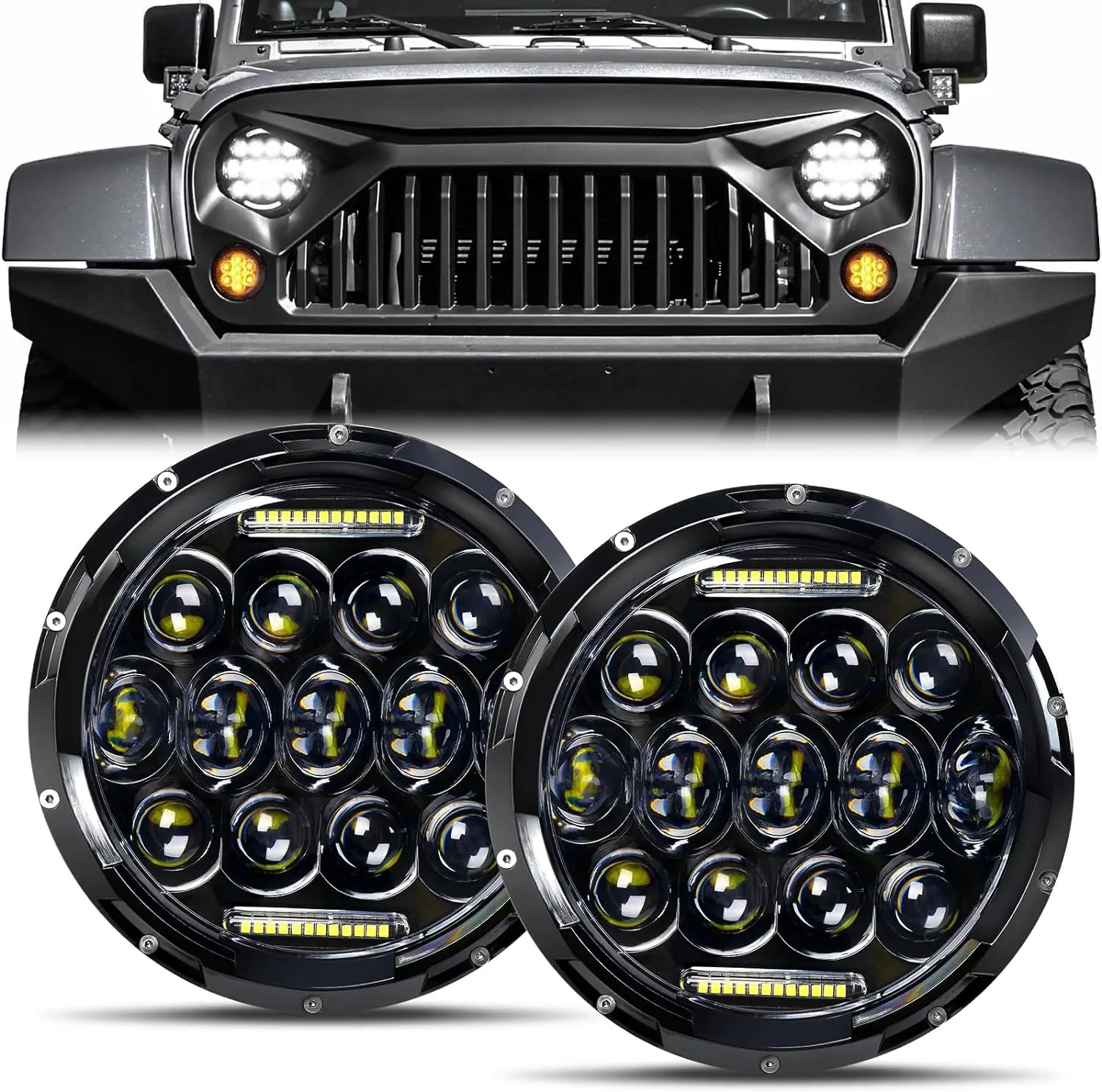 2x Car 7 Inch Led Headlight Hi/Low H4 Halo Angle Eyes DRL For Jeep JK TJ OffRoad Defender Hummer 4x4 Suzuki Samurai Headlamp