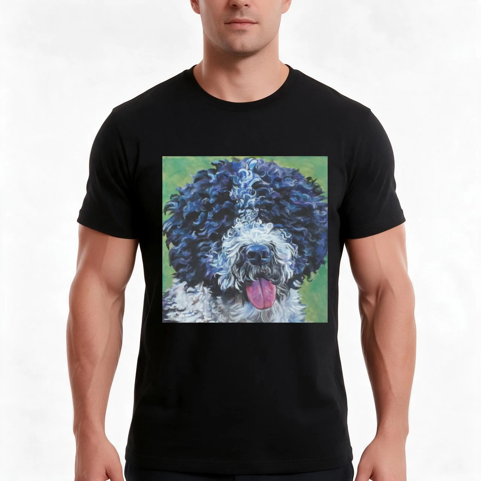 Spanish Water Dog Fine Art Painting T-Shirt, Summer Casual Cotton Tee, Oversized Streetwear Tops, Vintage Graphic Print