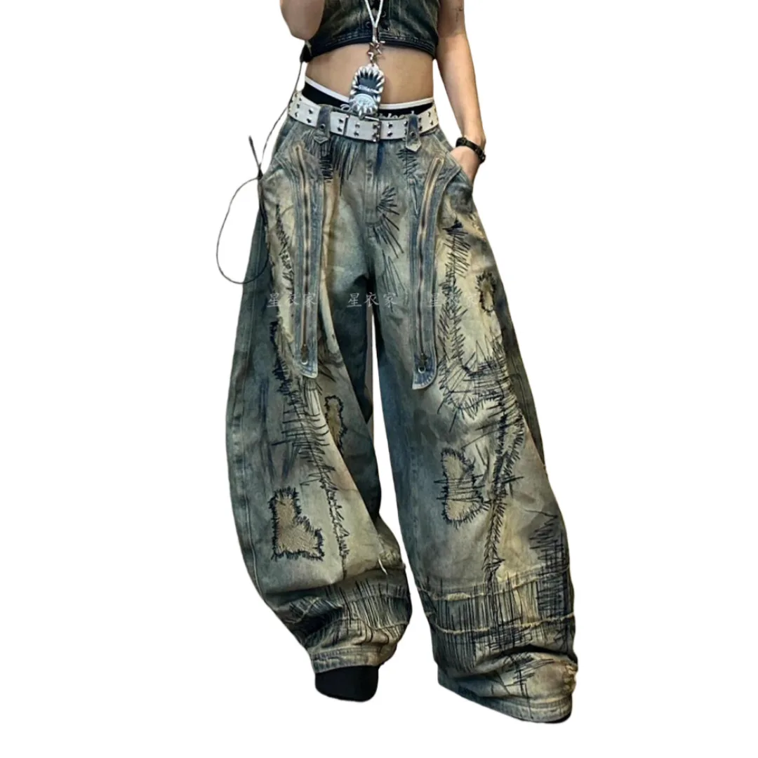 Unisex Jeans 2025 Autumn Winter Women's Retro Distressed Man Denim Pants Random Embroidery Y2K Street Punk Flare Wide Leg Pants