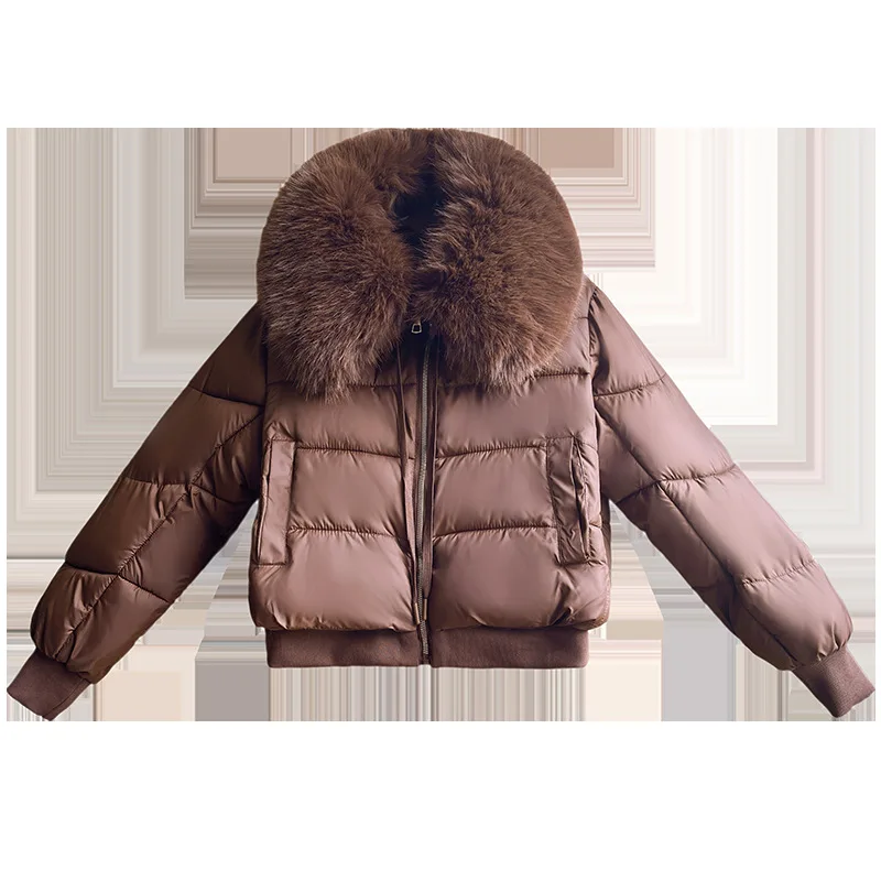 Damski płaszcz zimowy w stylu koreańskim, jednolity, zapinany na zamek błyskawiczny, z kapturem wykończonym sztucznym futrem, damska kurtka pikowana, minimalistyczny krótki płaszcz dla kobiet.