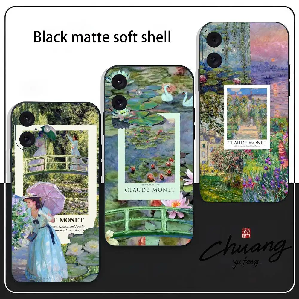 

C-Claude Monet Art Phone Case Fashion Black Frosted TPU Phone Case for iPhone 11-16. UV Spray Painted Design, Anti-fall Daily Pr