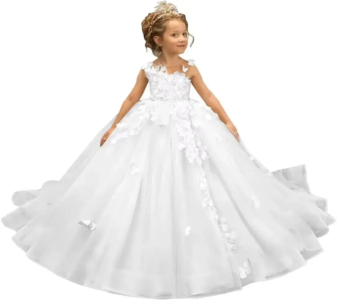 3D-Schmetterlings-Applikationskleid, Spitze, Tüll, Festzugskleid für Mädchen, Blumenmädchenkleider, Geburtstagsmädchenkleider für Party und Hochzeit