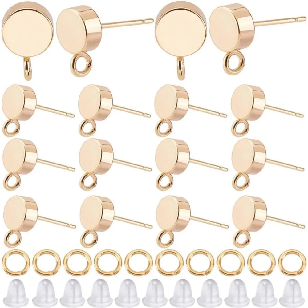 40Pcs 18K Gold Plated Brass Flat Round Earring Findings Stud Earrings Post Stud Earring Findings Ear Studs with Vertical kit